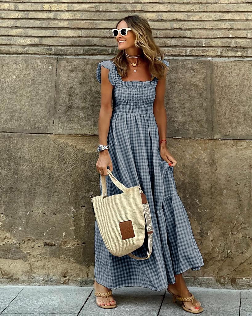 European American Women's Retro Plaid Sleeveless Maxi Dress with Thin Straps & Ruffles
