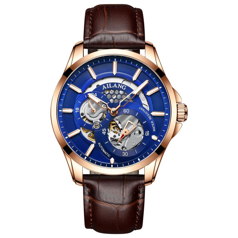 AILANG Men Automatic Mechanical Wristwatch Hollow Skeleton Dial Stainless Steel Band Business Sport Male Watch