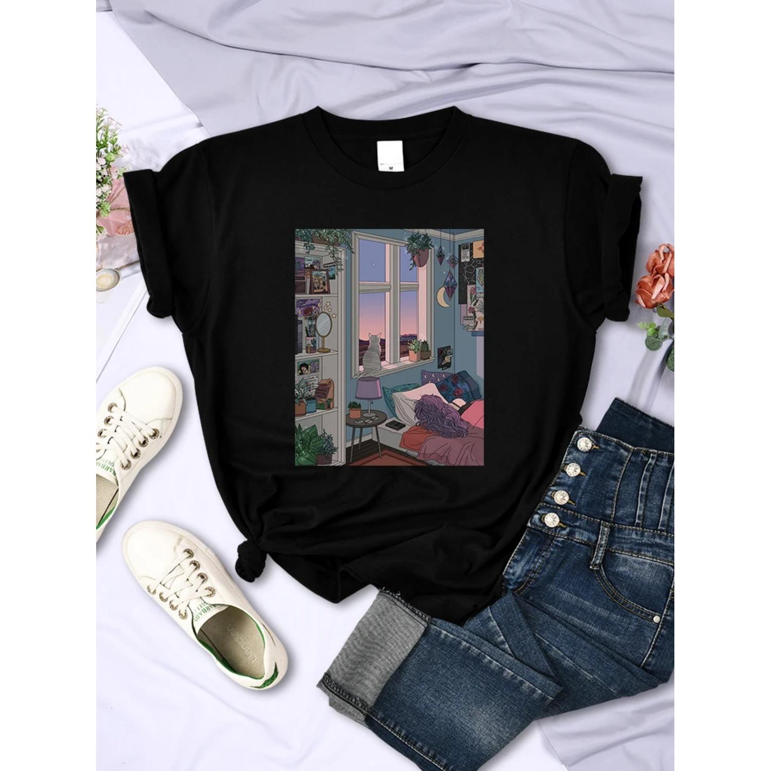 

Cozy Room With Cat Female Tshirt Summer Breathable Trend Short Sleeve Street Casual All-math Tops Crewneck Womens Tee Clothing XXXXXL чорний