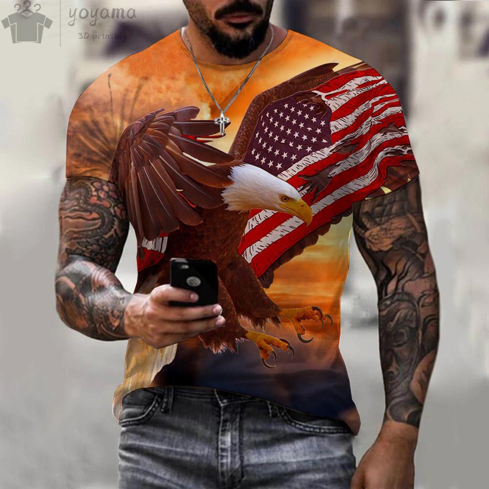 Summer Round Neck 3D American Flag Eagle Graphic Print Top Fashionable Casual Short Sleeved Men's T-shirts