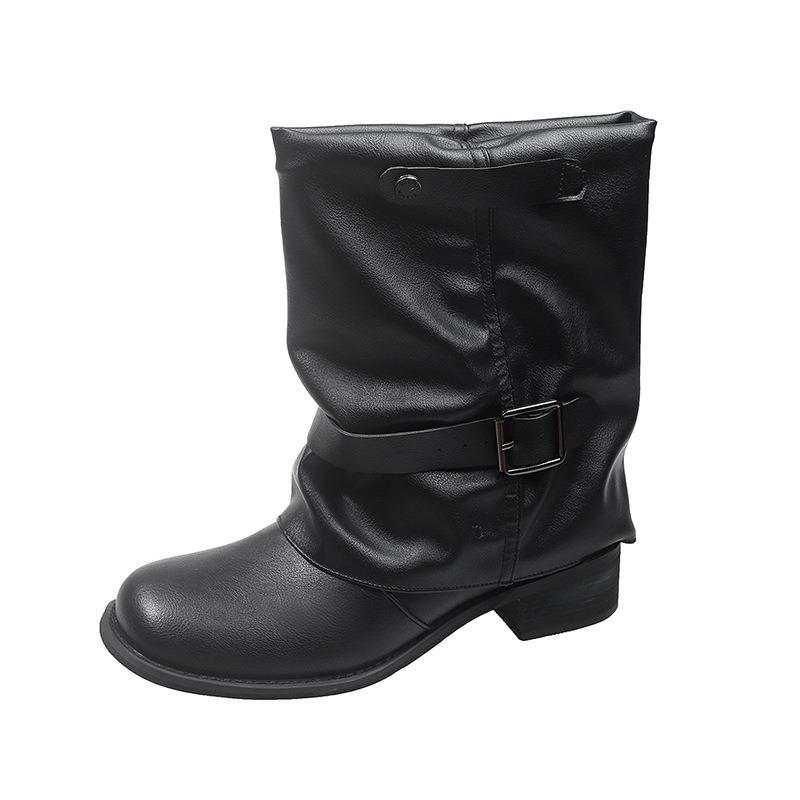 Retro Thick Heel Short Boots Women's New Pleated Design Stacking Boots Black Martin Boots