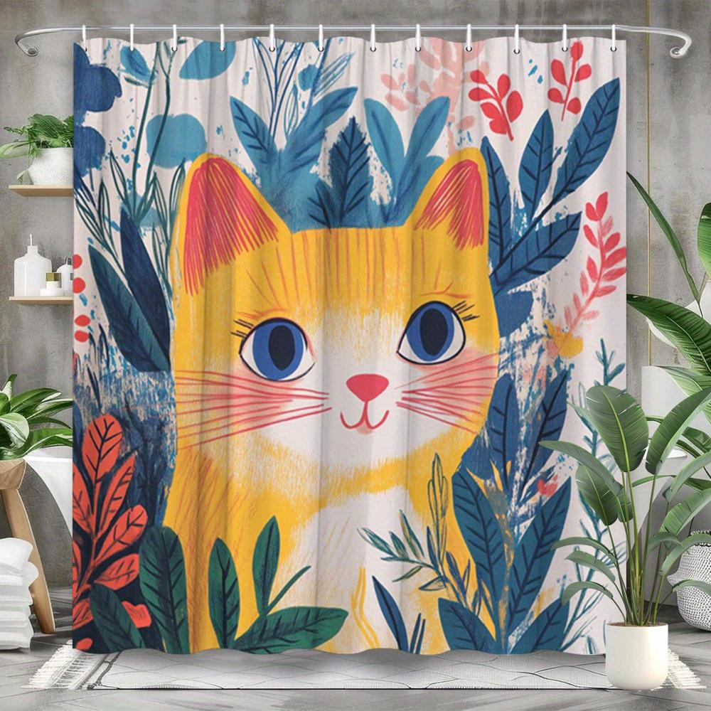 Waterproof Adorable Cat Shower Curtain with Colorful Flowers and Playful Design for a Fun Bathroom Look W90XH180cm