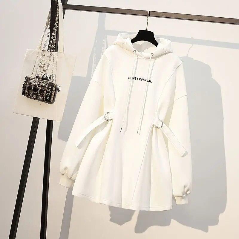 Frühlings- und Herbst-Bomben-Street-Age-Reduction-Buchstabendruck, Schnür-Taille, langer, übergroßer Pullover mit Kapuze