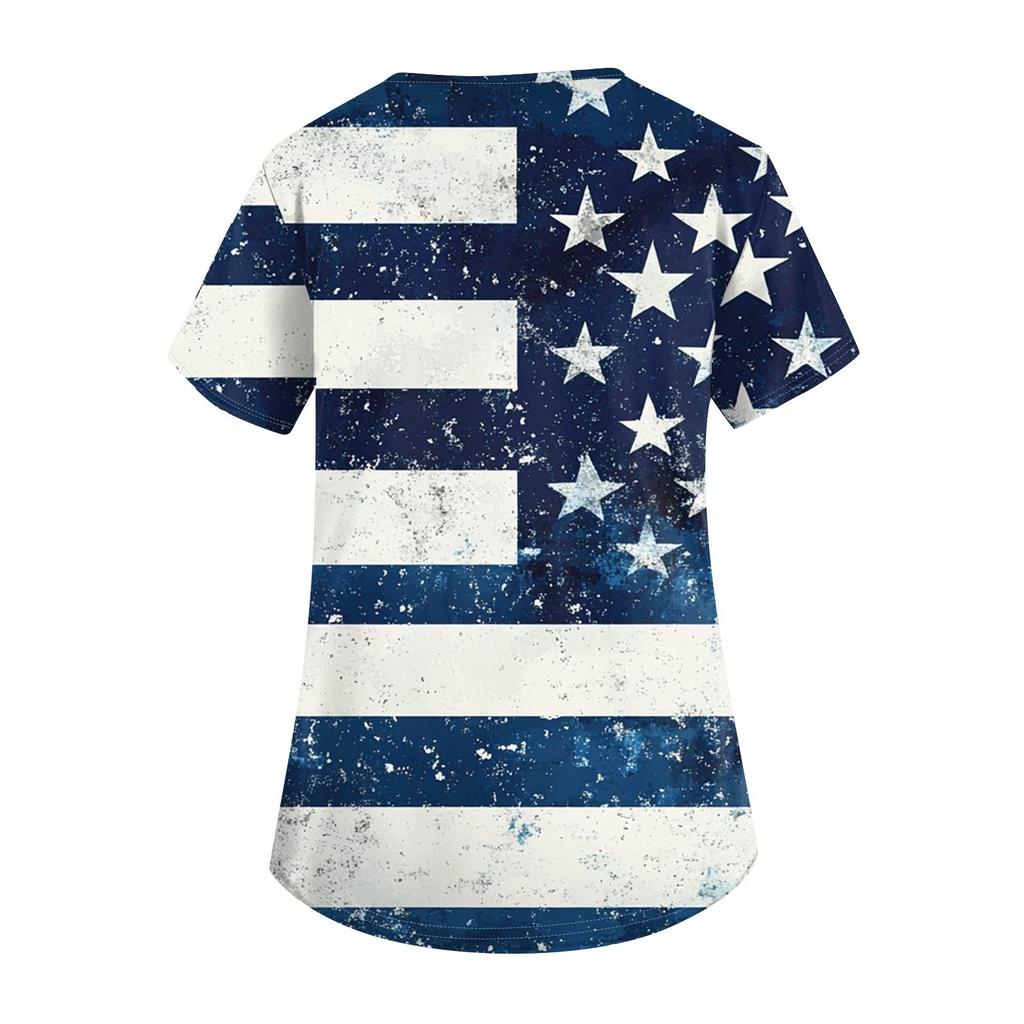 Women's Short Sleeve Independence Day Printed V-Neck Pocket Workwear Top