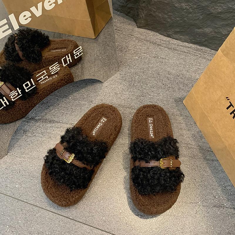 

Retro thick-soled fluffy slippers women s outer wear 2025 autumn and winter Korean version comfortable curly slippers one-word cotton towing women 35