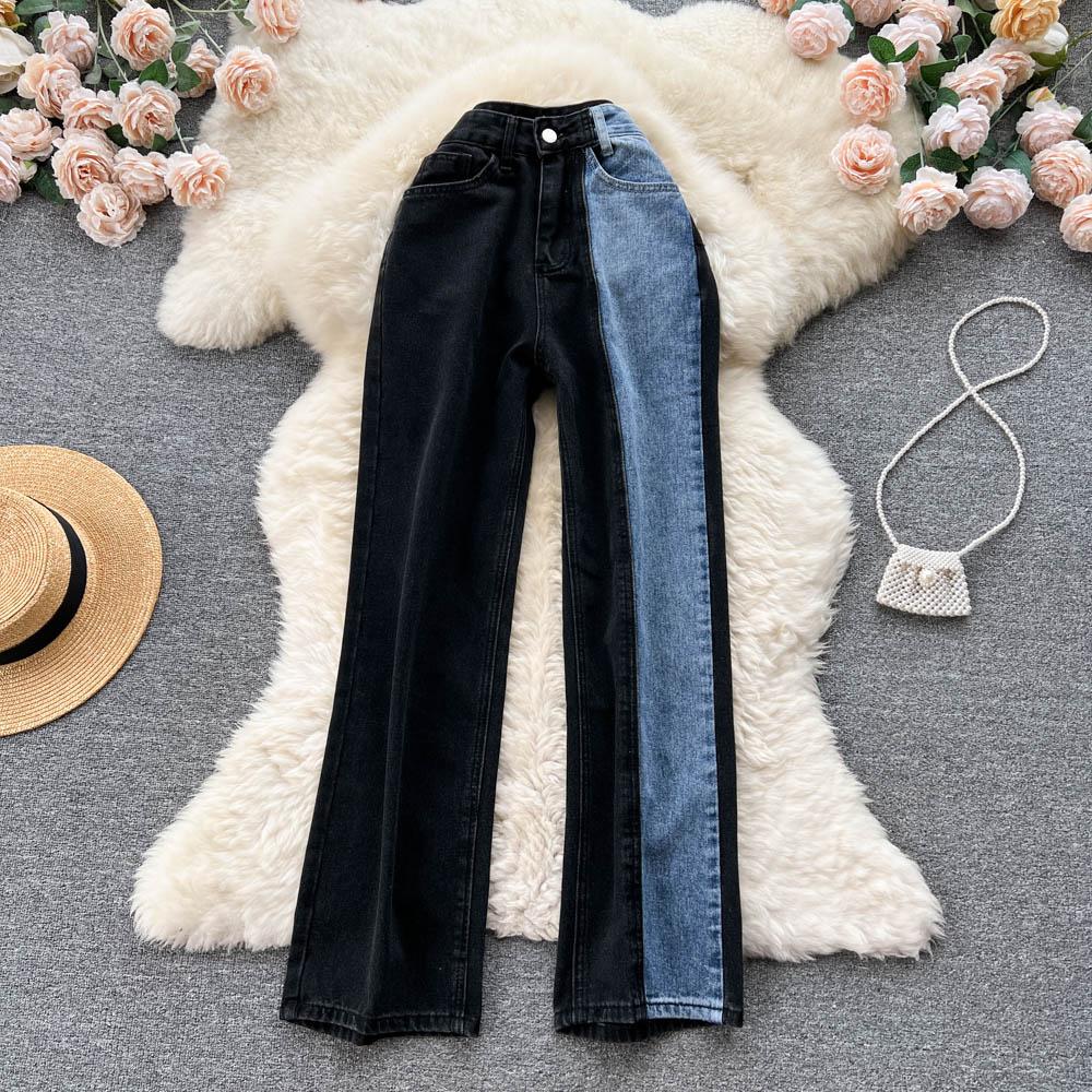 

Осенние свободные широкие джинсы в стиле Гонконга в стиле ретро с нишевым дизайном контрастного цвета