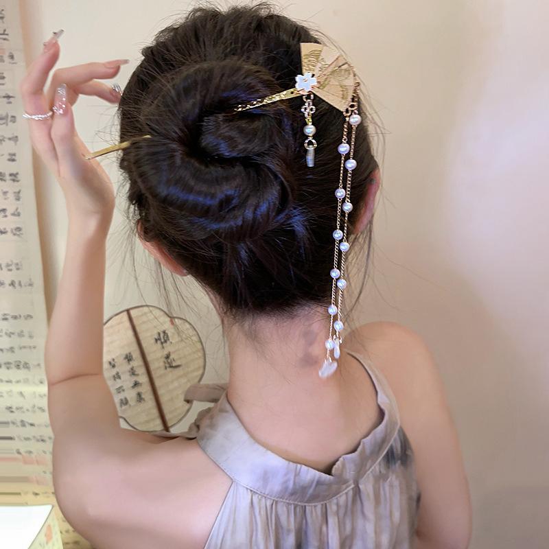1pc Chinese Style Niche Personality Fan-shaped Alloy Hairpin Exquisite Tassel Hanfu Qipao Headwear Quick Braided Hair Artifact
