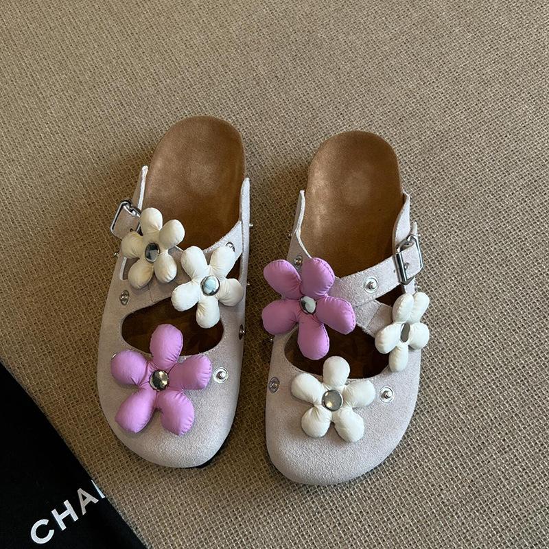 Women s Leather Removable Flower Buckle Shoes Vintage Rivet Thick Bottom Baotou Slippers 35