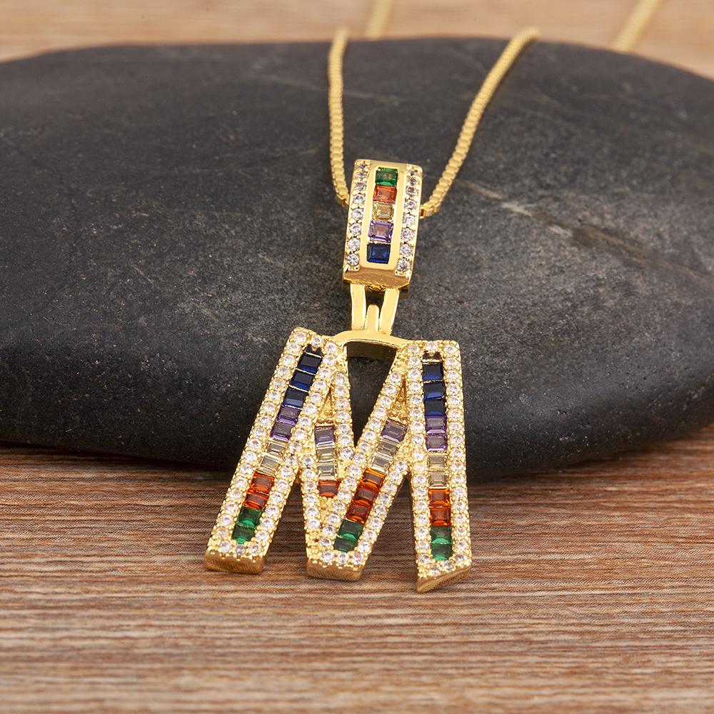 Nidin Simple Fashion 26 A-Z Letters Alphabet Rainbow Cubic Zirconia Pendant Necklace For Women Men Hip-Hop Style Copper Jewelry