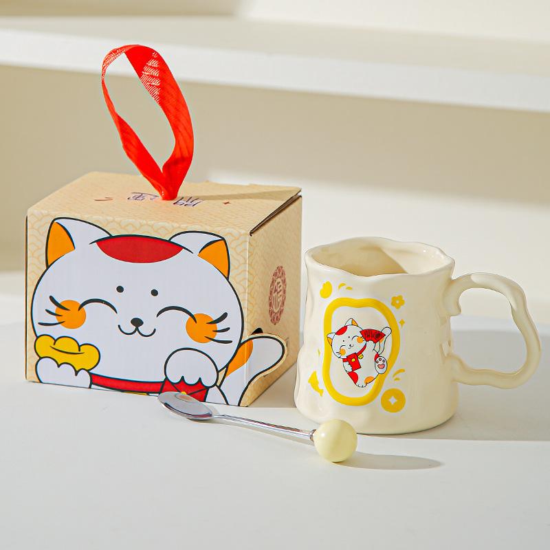 Cupa Ceramică Pisică Norocoasă Desen Animat Cupă Iregulară cu Aspect Înalt Cupă Creativă pentru Lapte/Mic Dejun Suvenir de Deschidere
