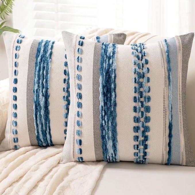 Groene Boho Sierkussenhoes 45x45 Decoratieve Kussenslopen Meerkleurige Gestreepte Chenille Kussenhoes Accent Kussensloop voor Bank 45x45cm