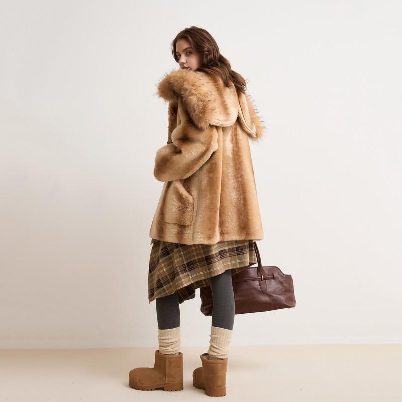 Womens Faux Fur Coat With Detachable Hooded Collar Zipper Thick Warm Winter Outerwear