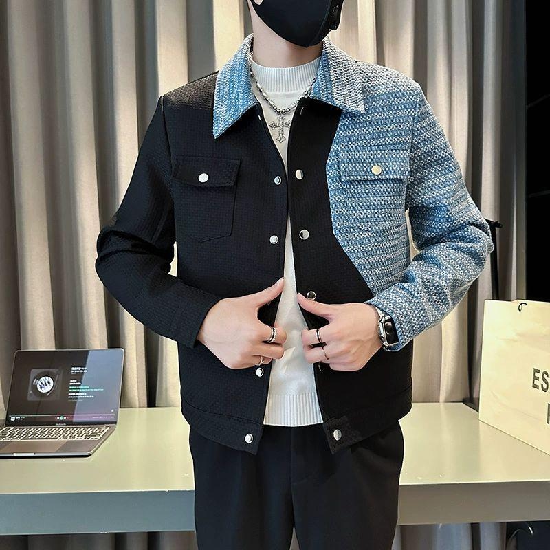 Men's Color Block Tweed Patchwork Jacket - Casual Turn Down Collar Button Up Coat for Street Style