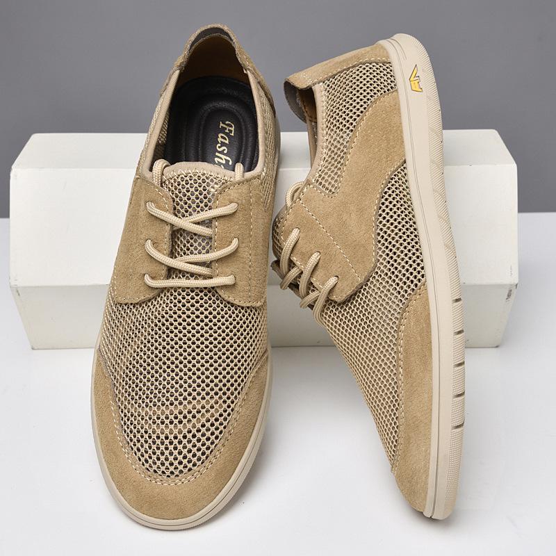 

Men s shoes 2025 summer new fashion trend fly-woven mesh soft sole comfortable men s lace-up casual hollow leather shoes 38