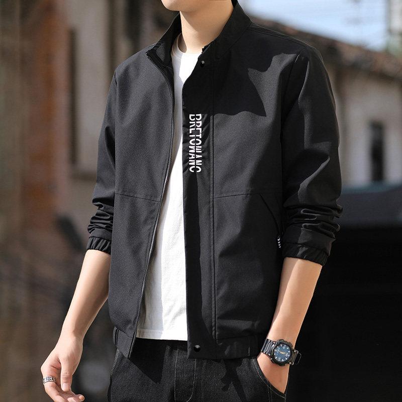 Men's Jacket Jacket Black High-end Stand-up Collar Korean Version Slim-fit Trendy Men's Clothing Spring and Autumn Sports Casual Top