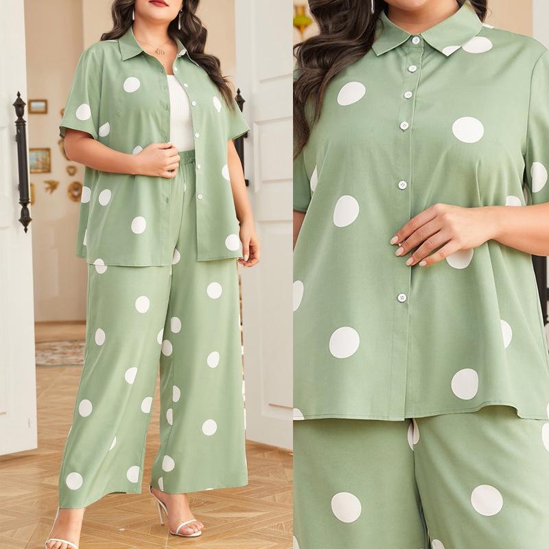 Plus Size Polka Dot Print Loose Shirt & Straight Casual Pants Set
