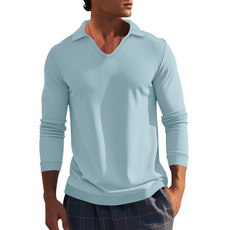 Autumn winter T-shirts American long sleeved men's T-shirt thin cut waffle slim fit lapel polo shirt men