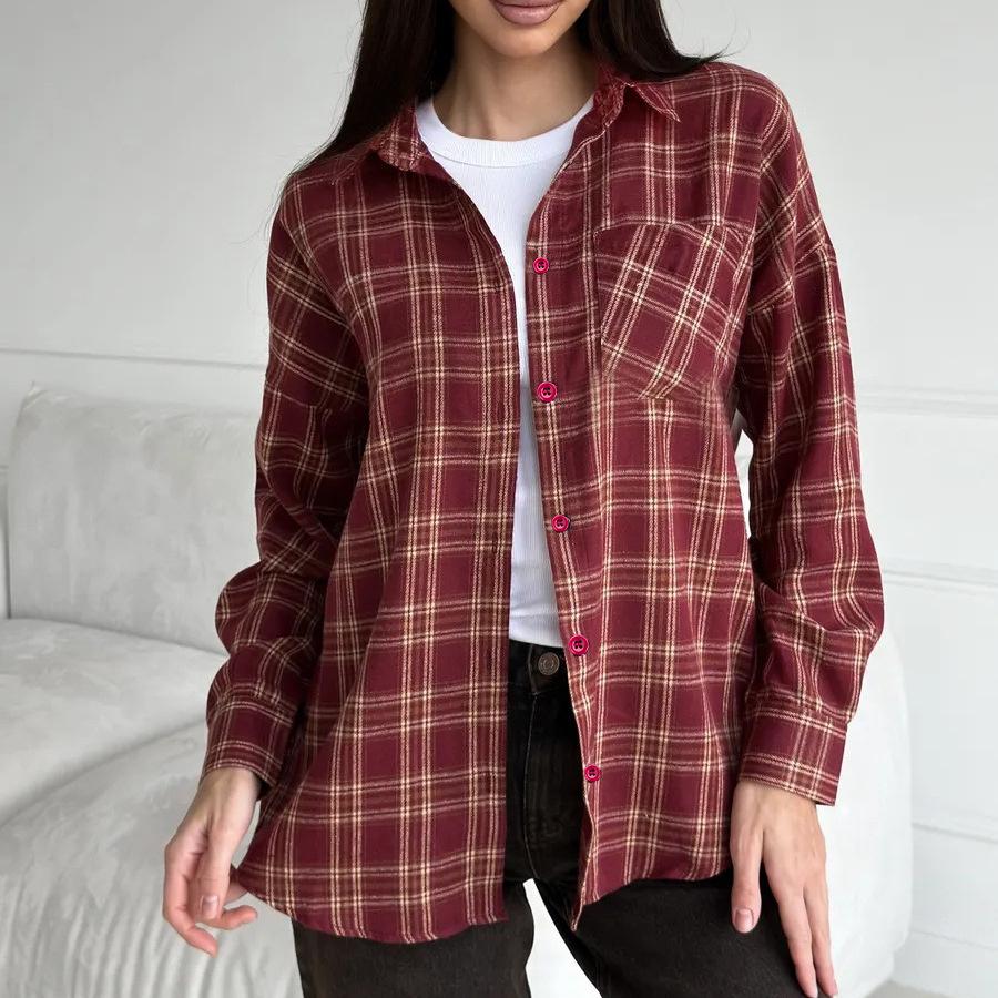 Women's Long Sleeve Shirt Retro Versatile Plaid Pocket Casual Shirt