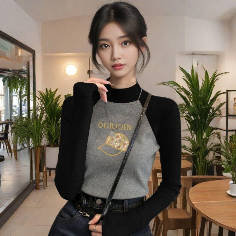 

Chic German Velvet Raglan Color Block Slimming Half High Neck Women s T-Shirt M [90-105 lbs]