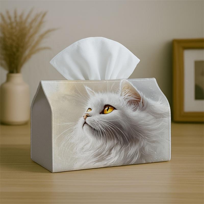 1pc Elegant Soft Realistic Tissue Box with Cat Animal Portrait White- Napkin Storage Organizer for Kitchen,Car,Elegant Decorative Box,Purpose for Livi