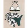 Women's Green Halter Triangle Bikini With Palm Leaf Print Sarong 3-Piece Set