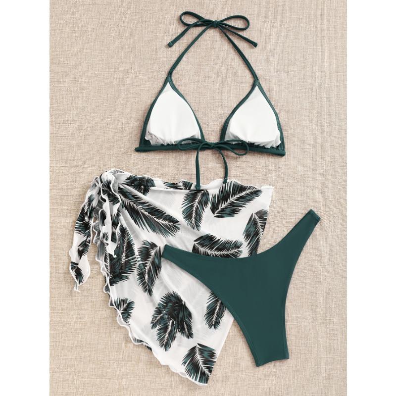 Women's Green Halter Triangle Bikini With Palm Leaf Print Sarong 3-Piece Set