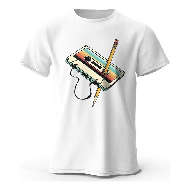 Retro T-shirt with Pencil Print and Cassette Tape S