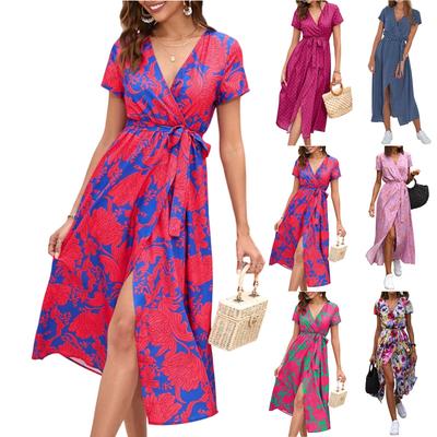 Women's Dresses Printed V-Neck Waisted Mid-Length Short Sleeve Split Dresses