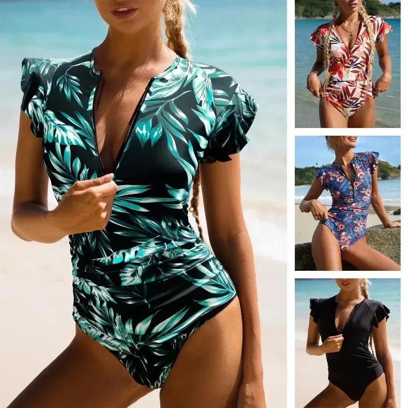 Krátké šaty Jednodílné plavky Plavky na zip Sexy bikiny Dámské Zesílené Tištěné Plážové oblečení na plavání Léto