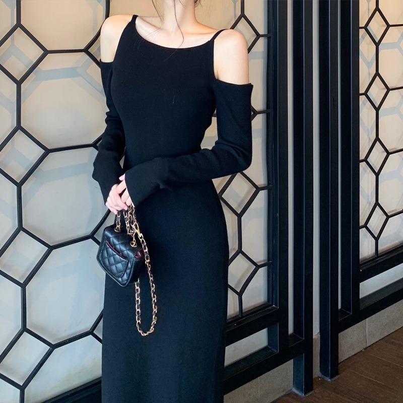 Sweater skirt with coat medium and long off-the-shoulder suspender long-sleeved base winter dress new