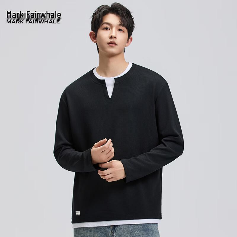 Mark Fairwhale Men's Faux Two-Piece Layered V-Neck Waffle Knit Long Sleeve Tee