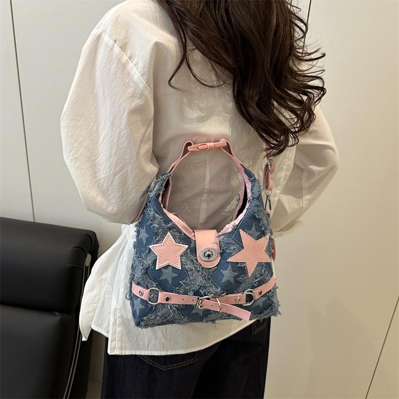 Pink Star Purse and Handbags Aesthetic Plaid Denim Shoulder Bag Punk Leisure Outdoor Crossbody Bag For Women