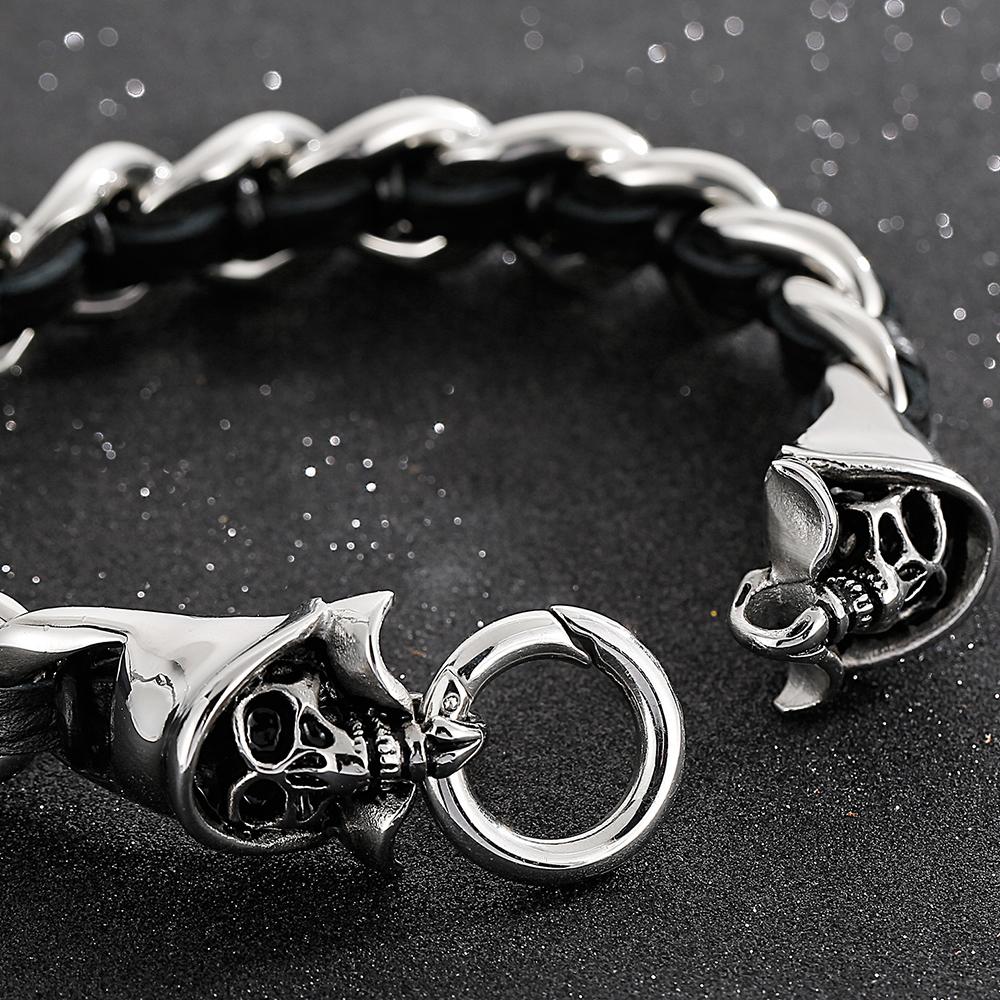Cool Men's Braided Genuine Leather Skull Bracelet for Men Gothic Cast 316l Stainless Steel Wristband Punk Biker Bracelet Jewelry