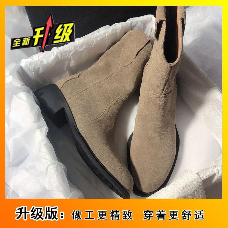 Frosted western cowboy boots medium boots 2025 autumn and winter new French Maillard retro brown low-heeled short boots women