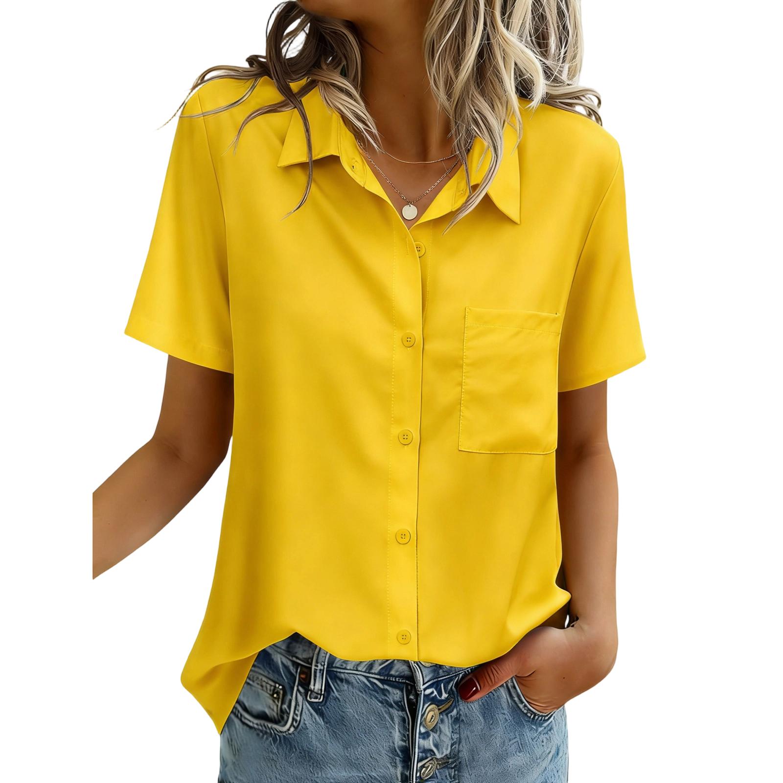 

Women Blouses Short Sleeve Button Down Shirts Business Casual Work Tops Summer Spring Clothes M