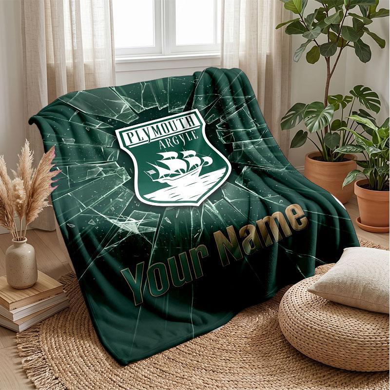 Plymouth Argyle FC Custom Name Text Flannel Blanket Soccer Logo Personalized Fleece Throw Blanket Special Gift For Sofa Bedroom Home