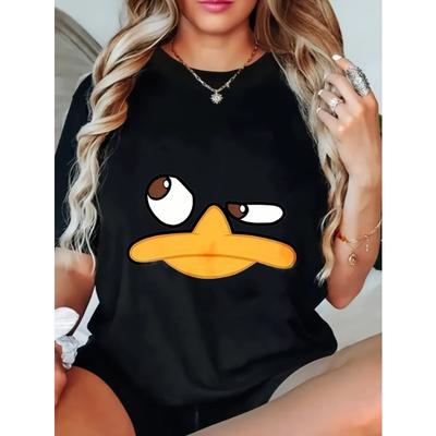 Kadın Günlük Bol T Shirt Siyah Ördek Yüz Baskılı Grafik Tişört Yaz Üstü Günlük Giyim