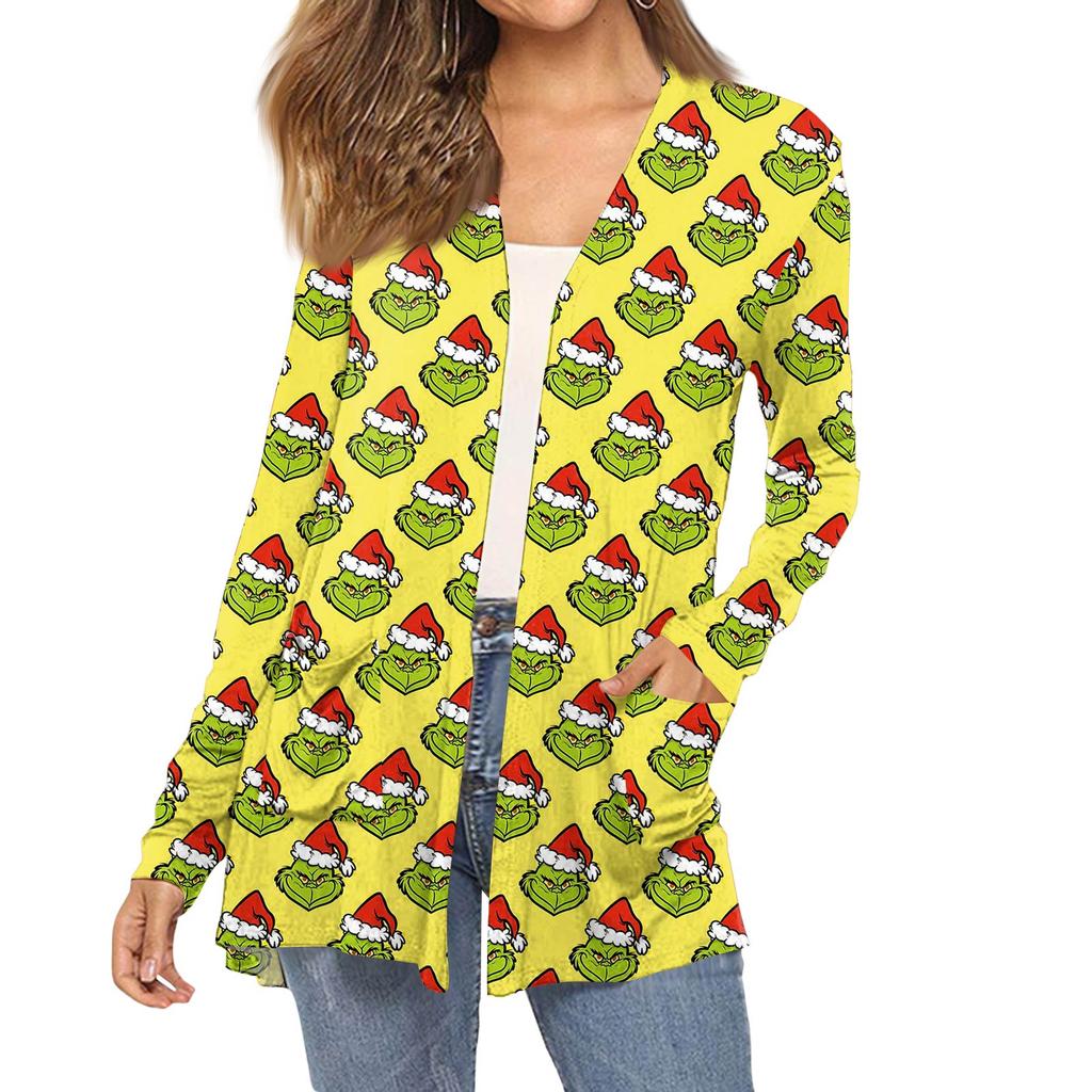 Women's Fashion Christmas Print Long-Sleeved Pocketed Slim-Fit Cardigan Coat