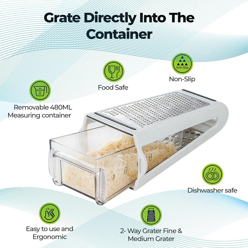 Cheese Grater with Container for Kitchen Vegetable Stainless Steel Grater with Handle Cheese Grater Box NonSlip Base Accessories