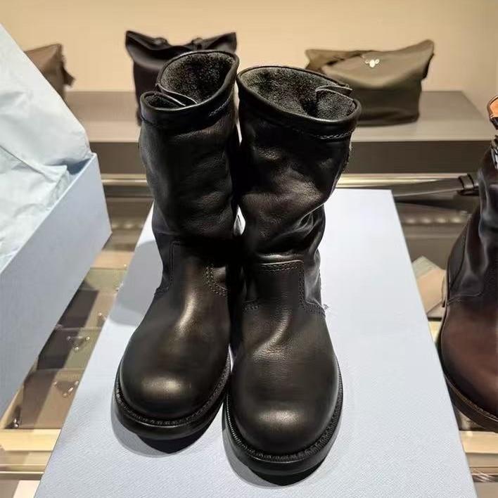 Cowhide Version~ 2025 New Super Soft Mid-tube Western Cowboy Boots Women's Thick Heel Round Head Knight Boots Short Martin Boots