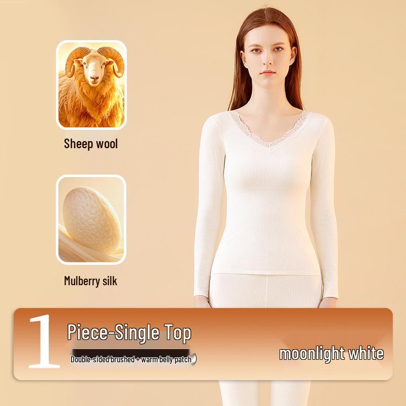 Women's Lace V-neck Warm Lingerie Set: Seamless Slimming Antibacterial Base Layer for Autumn and Winter