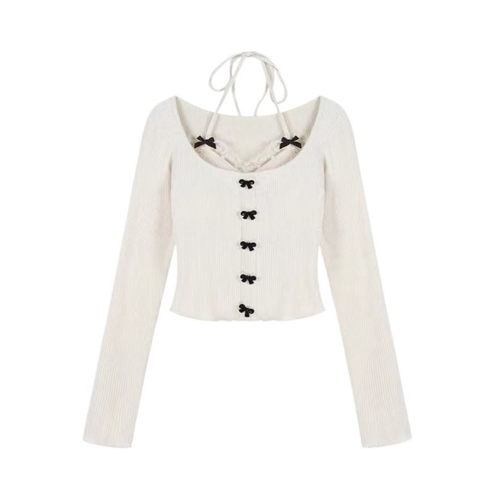 Lace Tied Up Long Sleeved T Shirts Slim Fit Fake 2 Pieces Crop Tops  Travel