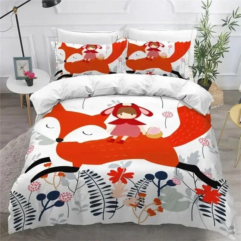 Cartoon Fox Duvet Cover Microfiber Bedding Set Lovely Animal Theme Comforter Cover King Soft For Kids Adults Girls Bedroom Decor