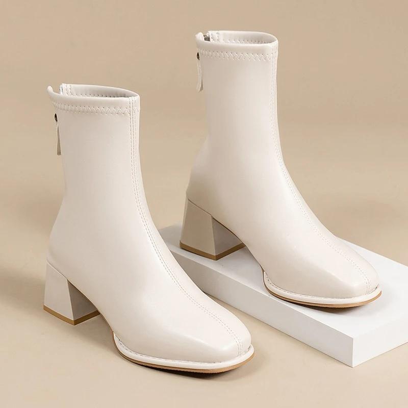High-quality Square-toe Platform Short Boots For Ladies, 2026 Fashion Trend Wide Heel, Back Zipper, Large Size Women's Boots