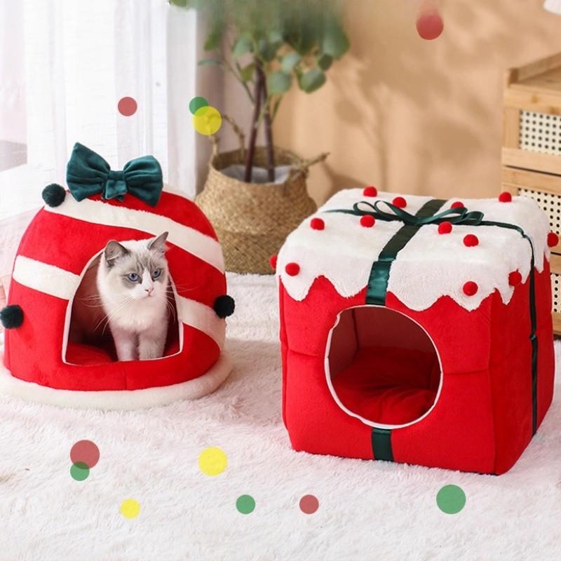Theme Christmas Pet Cat Dog Bed Puppy Kitten Cozy Sleeping Nest Plush Cave House