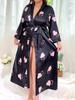New love printed nightgown women's large size long simulated silk lace-up sexy simulated silk loungewear morning gown