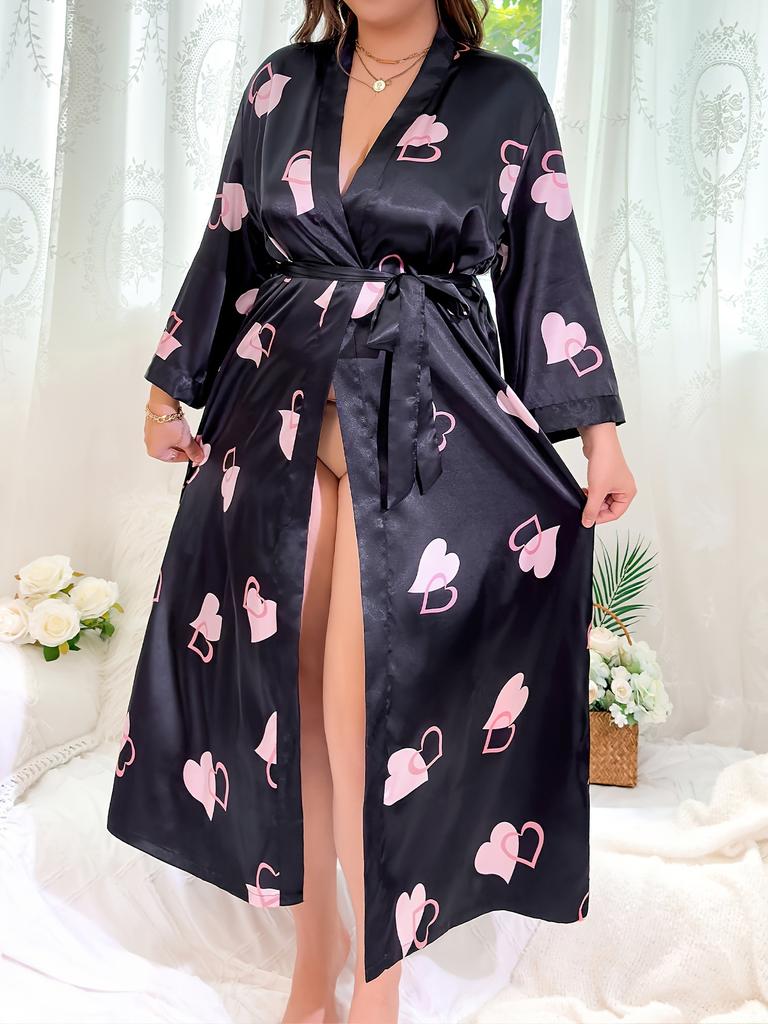 New love printed nightgown women's large size long simulated silk lace-up sexy simulated silk loungewear morning gown