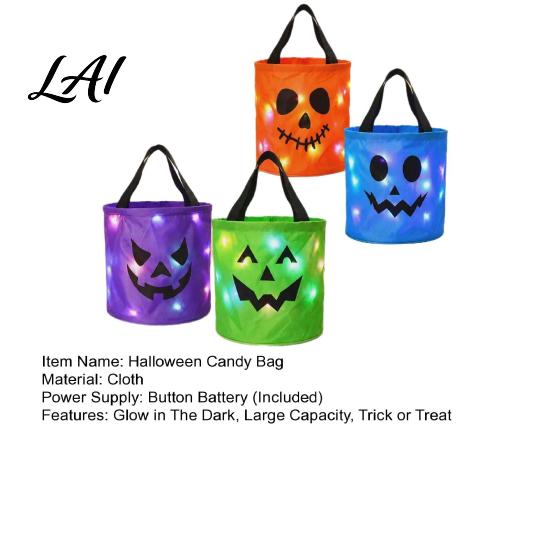 Large Capacity Holiday Gift Holders LED Light Up Halloween Bucket Glow In The Dark Trick or Treat Candy Treating Gear for Children Bag with