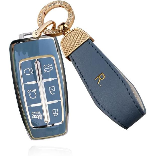 SANRILY Goldrand 6-Tasten Schlüsselanhänger Hülle für Genesis GV70 2021 2022 G90 G70 G80 GV80 Keyless Vollschutz Schlüsselanhänger Hülle mit Leder Schlüsselanhänger
