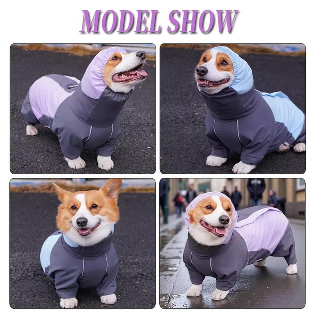 Dog Raincoat Rain Jacket For Small Medium Dogs Corgi, Windproof 4-Legs Doggy With Hood,Lightweight Pet Hoodie With Leash Hole, Rain Coat Rain